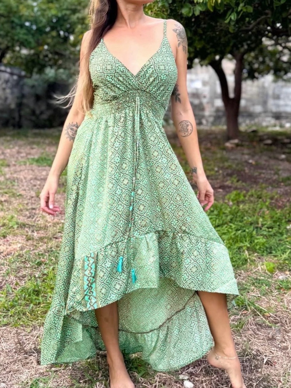 Green Boho High-Low Maxi Dress w/ Smocked Waist & Tassel Tie